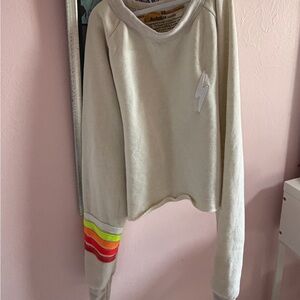 Aviator Nation Cream Sweatshirt with Rainbow Sleeve